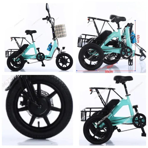 14 Inch 3 Wheeled Electric Tricycle Foldable 48V 350W Electric Bike For Adults 2 Person With Removable Rear Seat Max Speed 20